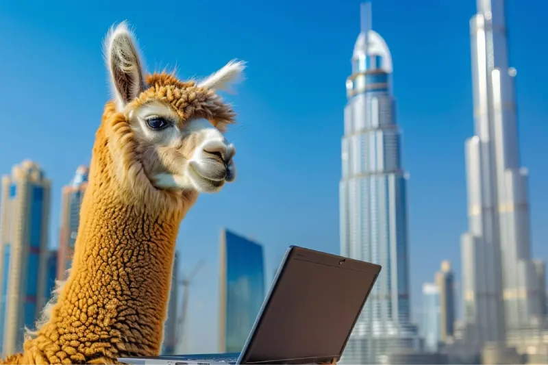 Arabian Alpaca with laptop in front of Dubai SEO Company office